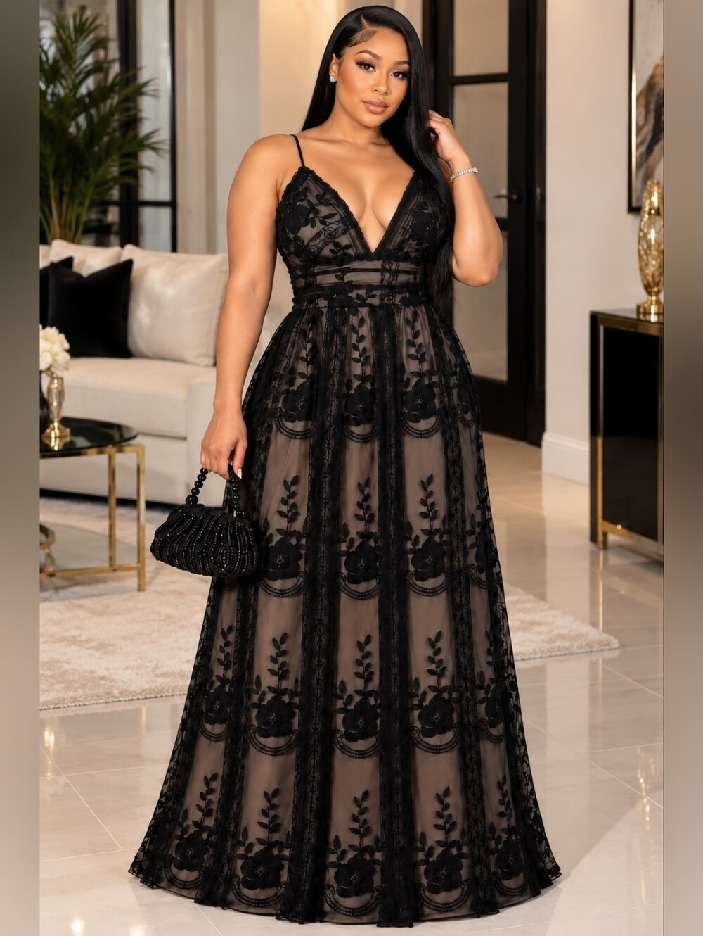Llambi Elegant Black Lace Overlay Evening Gown